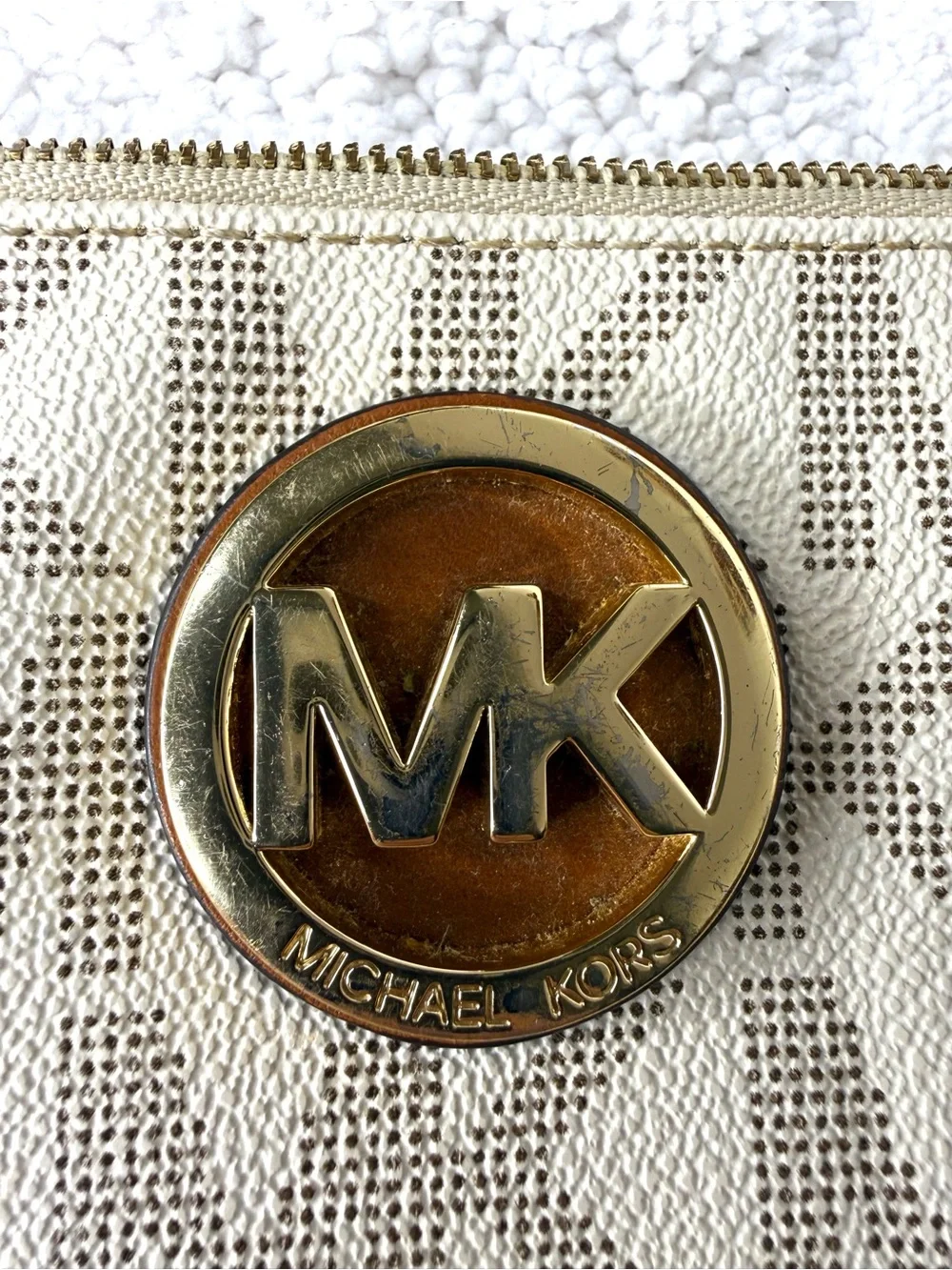 Michael Kors Vanilla MK Signature Wristlet Brown Trim Gold Logo Clutch